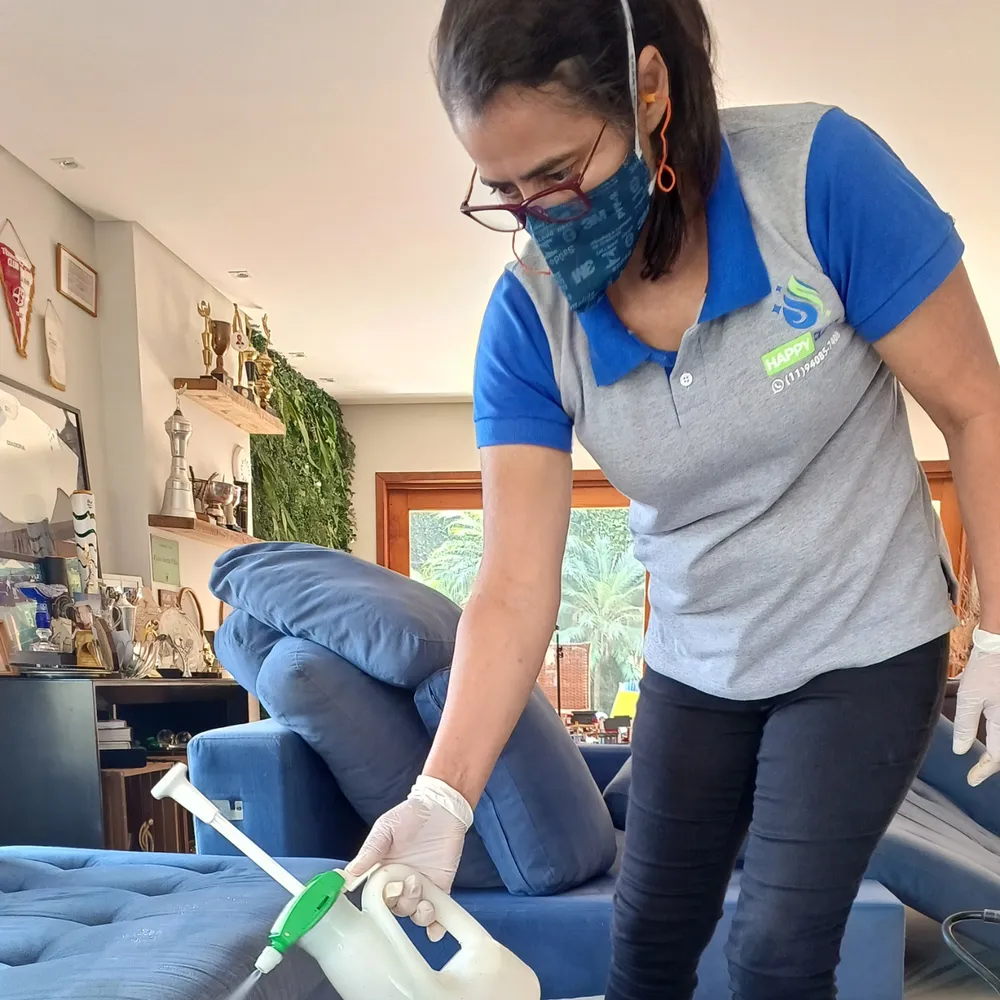 Profissional da NS Clean & Comfort higienizando um sofá em Carapicuíba