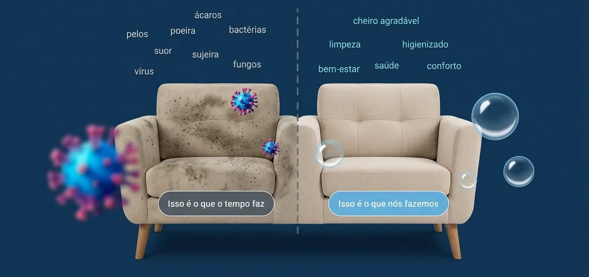 Comparação de poltrona: lado encardido com manchas e lado limpo e higienizado