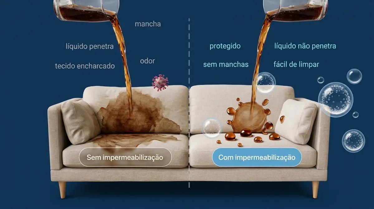 Comparação de estofado: lado absorvendo líquido derramado e lado impermeabilizado repelindo o líquido