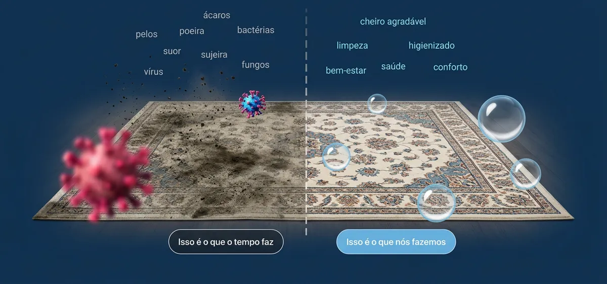 Comparação de tapete: lado com poeira profunda e ácaros e lado lavado, limpo e com cores vivas